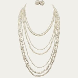 Statement Multi Strand Faux Pearl Necklace & Vintage Clip On Earring Set Glamour